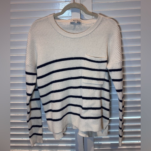 Madewell Sweaters - Madewell Cream Navy Striped Sweater Small Nautical Pocket Knit